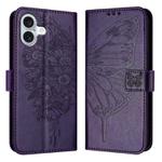 For iPhone 16 Plus Embossed Butterfly Leather Phone Case(Dark Purple)