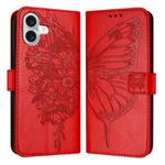 For iPhone 16 Plus Embossed Butterfly Leather Phone Case(Red)