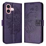 For iPhone 16 Embossed Butterfly Leather Phone Case(Dark Purple)