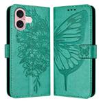 For iPhone 16 Embossed Butterfly Leather Phone Case(Green)