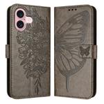 For iPhone 16 Embossed Butterfly Leather Phone Case(Grey)