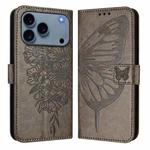 For iPhone 17 Pro Embossed Butterfly Leather Phone Case(Grey)
