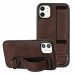 For iPhone 11 Wristband Holder Leather Back Phone Case(Coffee)