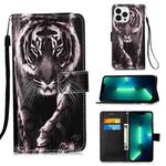 For iPhone 15 Pro Max Colored Drawing Pattern Plain Weave Leather Phone Case(Black And White Tiger)