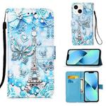 For iPhone 15 Plus Colored Drawing Pattern Plain Weave Leather Phone Case(Tower Butterfly)