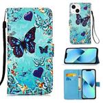 For iPhone 15 Colored Drawing Pattern Plain Weave Leather Phone Case(Caring Butterfly)