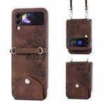 For Samsung Galaxy Z Flip5 Skin Feel Flowers Embossed Wallet Leather Phone Case(Brown)