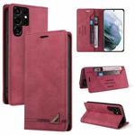 For Samsung Galaxy S22 Ultra 5G Skin Feel Anti-theft Brush Horizontal Flip Leather Case with Holder(Wine Red)