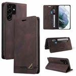 For Samsung Galaxy S22 Ultra 5G Skin Feel Anti-theft Brush Horizontal Flip Leather Case with Holder(Brown)