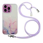 For iPhone 15 Pro Max Hollow Marble Pattern TPU Shockproof Phone Case with Rope(Pink)