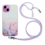 For iPhone 15 Plus Hollow Marble Pattern TPU Shockproof Phone Case with Rope(Pink)