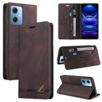 For Xiaomi Redmi Note 12 India/Poco X5 Skin Feel Anti-theft Brush Horizontal Flip Leather Case with Holder(Brown)