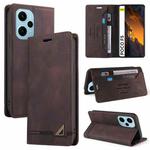 For Xiaomi Poco F5 5G/Redmi Note 12 Turbo 5G Skin Feel Anti-theft Brush Horizontal Flip Leather Case with Holder(Brown)