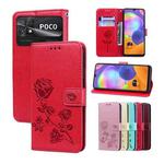 For Xiaomi Poco C40 Rose Embossed Flip PU Leather Phone Case(Red)