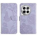 For OnePlus 12 5G Global Skin Feel Butterfly Peony Embossed Leather Phone Case(Purple)