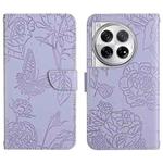 For OnePlus 12R 5G Global Skin Feel Butterfly Peony Embossed Leather Phone Case(Purple)