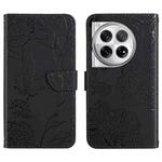 For OnePlus 12R 5G Global Skin Feel Butterfly Peony Embossed Leather Phone Case(Black)