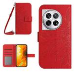 For OnePlus 12 5G Global Skin Feel Sun Flower Embossed Leather Phone Case with Lanyard(Red)