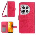 For OnePlus 12R 5G Global Skin Feel Sun Flower Embossed Leather Phone Case with Lanyard(Rose Red)