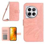 For OnePlus 12R 5G Global Skin Feel Sun Flower Embossed Leather Phone Case with Lanyard(Pink)