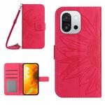 For OnePlus 13T Skin Feel Sun Flower Embossed Leather Phone Case with Lanyard(Rose Red)