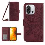 For OnePlus 13T Skin Feel Sun Flower Embossed Leather Phone Case with Lanyard(Wine Red)
