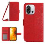 For OnePlus 13T Skin Feel Sun Flower Embossed Leather Phone Case with Lanyard(Red)