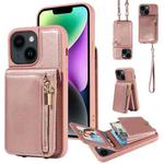 For iPhone 14 Plus Crossbody Lanyard Zipper Wallet Leather Phone Case(Rose Gold)