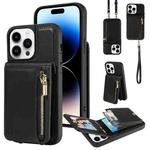 For iPhone 14 Pro Max Crossbody Lanyard Zipper Wallet Leather Phone Case(Black)