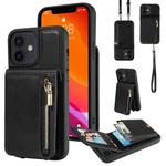 For iPhone 12 / 12 Pro Crossbody Lanyard Zipper Wallet Leather Phone Case(Black)