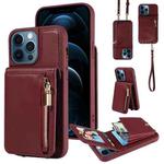 For iPhone 12 Pro Max Crossbody Lanyard Zipper Wallet Leather Phone Case(Wine Red)