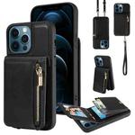 For iPhone 12 Pro Max Crossbody Lanyard Zipper Wallet Leather Phone Case(Black)