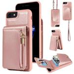 For iPhone SE 2022/ 7 / 8 Crossbody Lanyard Zipper Wallet Leather Phone Case(Rose Gold)