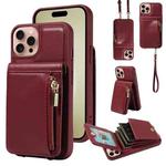 For iPhone 16 Pro Crossbody Lanyard Zipper Wallet Leather Phone Case(Wine Red)