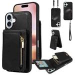 For iPhone 16 Plus Crossbody Lanyard Zipper Wallet Leather Phone Case(Black)