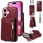 For iPhone 16 Crossbody Lanyard Zipper Wallet Leather Phone Case(Wine Red)