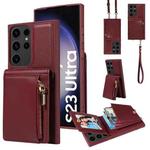 For Samsung Galaxy S23 Ultra 5G Crossbody Lanyard Zipper Wallet Leather Phone Case(Wine Red)