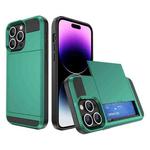 For iPhone 14 Pro Max Multifunction Armor Slide Card Slot Phone Case(Green Lake)