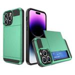 For iPhone 14 Pro Max Multifunction Armor Slide Card Slot Phone Case(Mint Green)