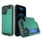 For iPhone 12 Pro Max Multifunction Armor Slide Card Slot Phone Case(Green Lake)