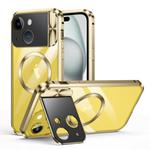 For iPhone 15 Large Window Holder MagSafe Magnetic Metal Phone Case(Yellow)