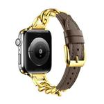 For Apple Watch 9 45mm Chain Genuine Leather Watch Band, Size: L(Gold Dark Brown)