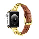 For Apple Watch 9 45mm Chain Genuine Leather Watch Band, Size: S(Gold Brown)