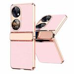 For Huawei P50 Pocket Plated Plain Leather Folding Phone Case with Hinge(Pink)