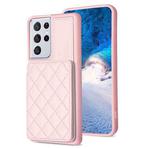 For Samsung Galaxy S21 Ultra 5G BF25 Square Plaid Card Bag Holder Phone Case(Pink)