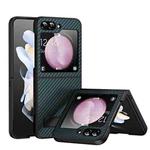 For Samsung Galaxy Z Flip5 Carbon Fiber Texture Glass Panel Phone Case with Holder(Dark Green)