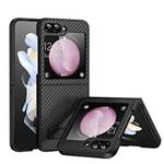 For Samsung Galaxy Z Flip5 Carbon Fiber Texture Glass Panel Phone Case with Holder(Black)