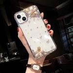 For iPhone 14 Pearl Flower Diamond TPU Phone Case