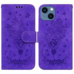 For iPhone 15 Butterfly Rose Embossed Leather Phone Case(Purple)