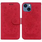 For iPhone 15 Butterfly Rose Embossed Leather Phone Case(Red)